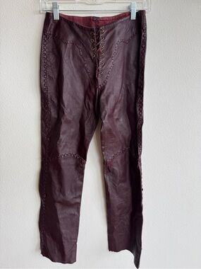 Vintage Efrem Oxblood Leather Lace-Up Whipstitch Pants Size 6